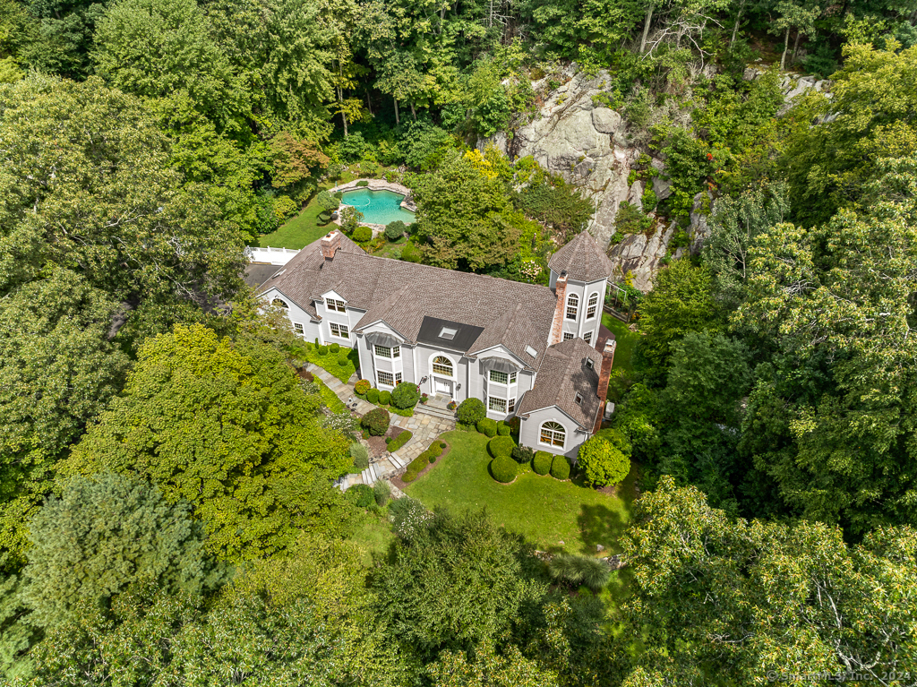 168 Lost District Drive New Canaan, CT 06840 - Photo 1 of 1 an aerial view of a house with swimming pool and large trees