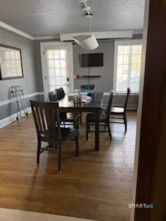 a view of a dining room with furniture