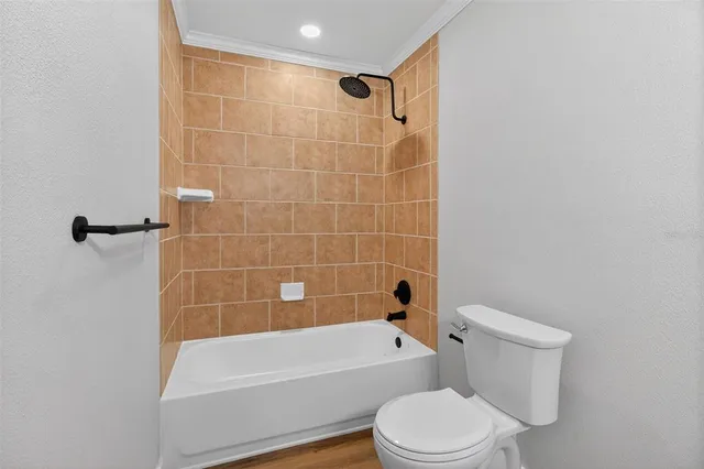 a bathroom with a toilet and bathtub