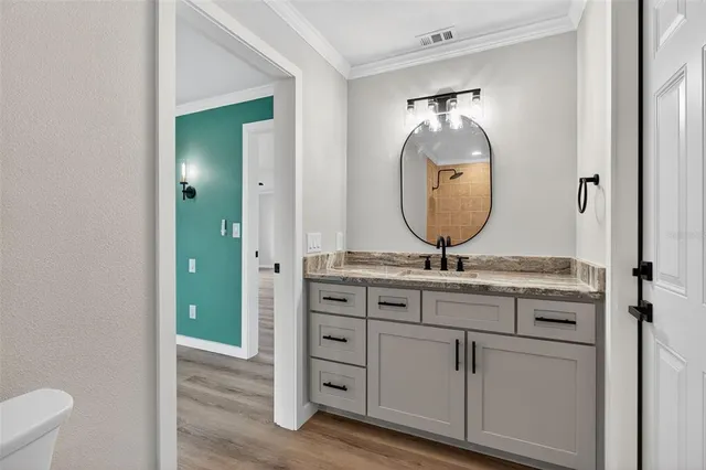 a bathroom with a granite countertop sink and mirror