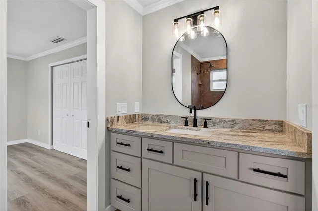 a bathroom with a granite countertop sink and a mirror