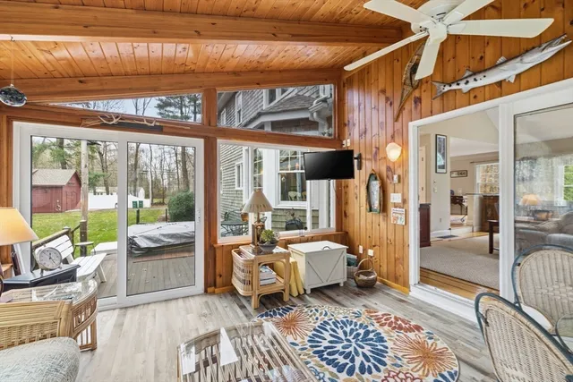 a living room with furniture and a floor to ceiling window