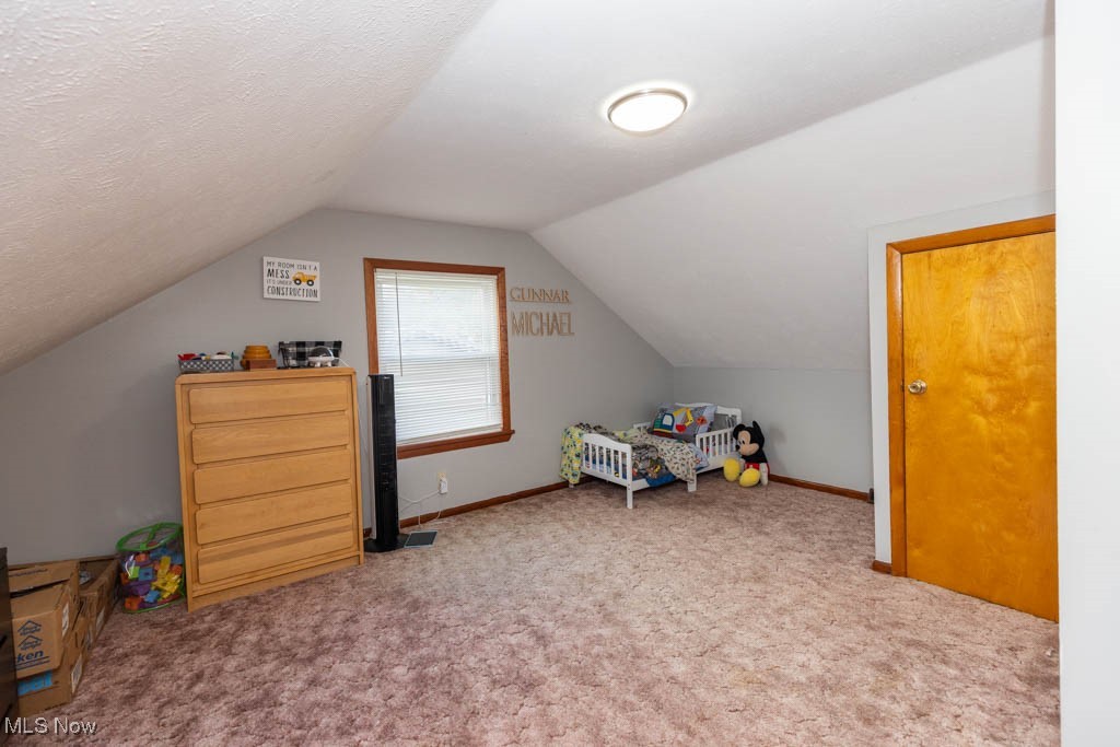 1085 Novak Road Grafton, OH 44044 - Photo 25 of 41 Bedroom featuring light colored carpet, a textured ceiling, and vaulted ceiling
