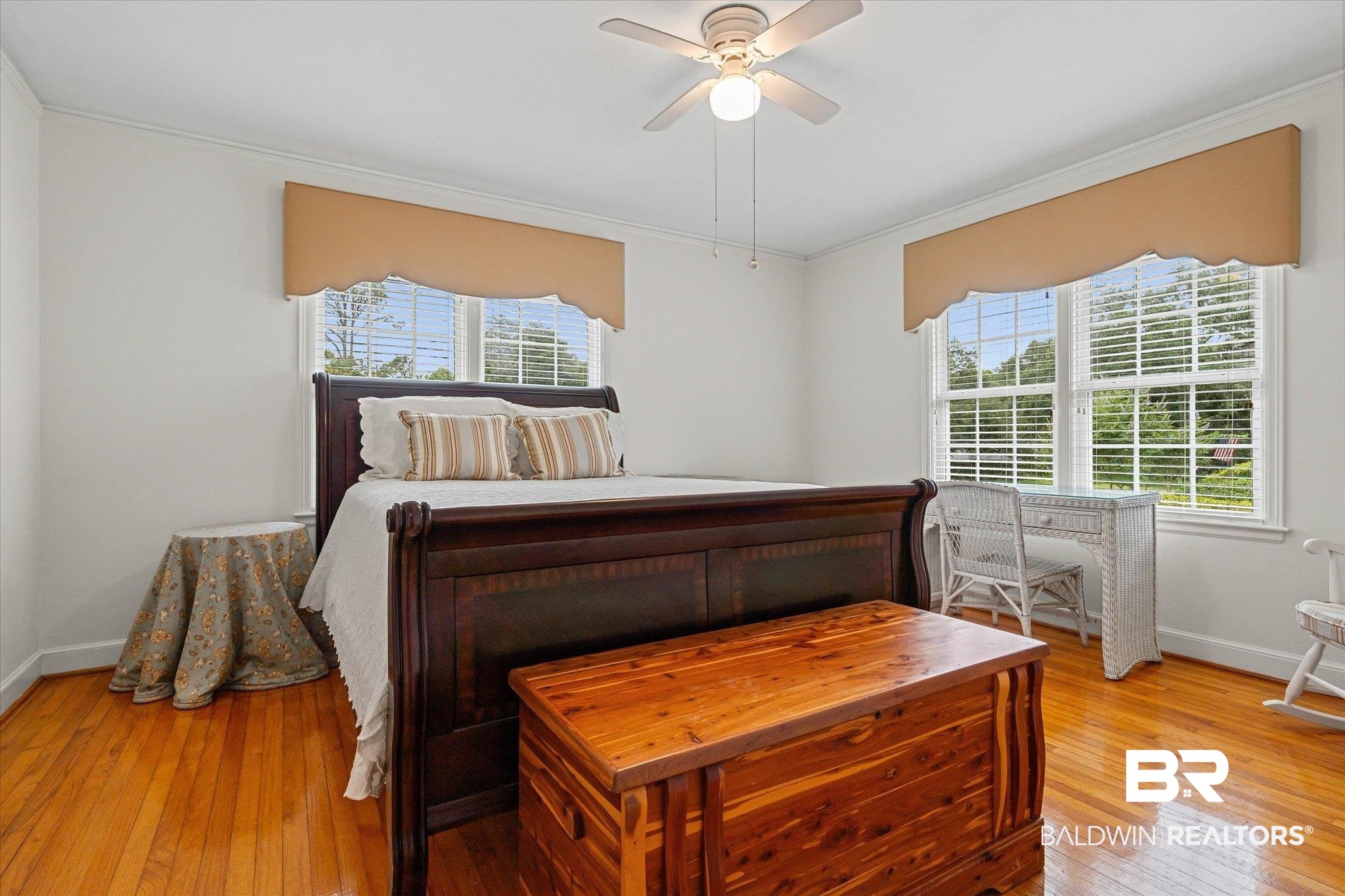 300 Woodlands Avenue Mobile, AL 36607 - Photo 12 of 23 Bedroom with light wood-style floors, crown molding, and ceiling fan