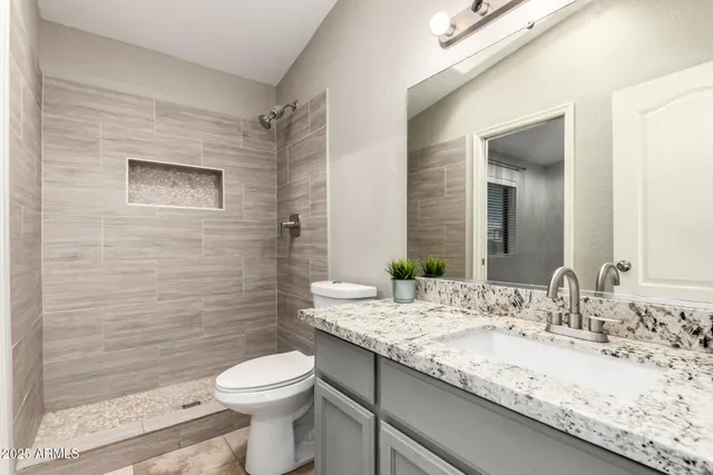 a bathroom with a granite countertop toilet sink and mirror