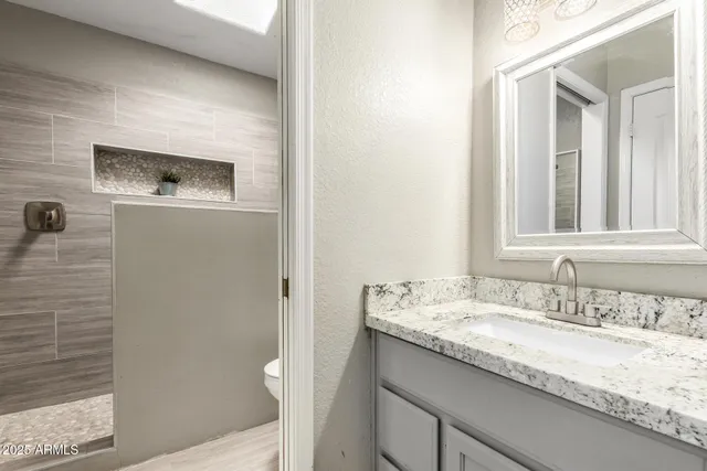 a bathroom with a granite countertop sink toilet and shower