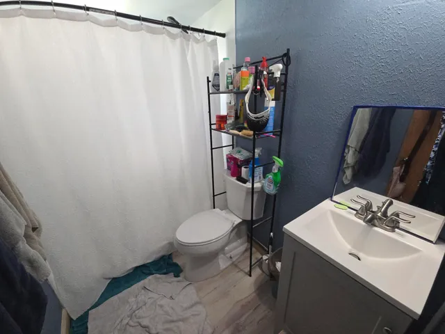 a bathroom with a sink toilet and mirror