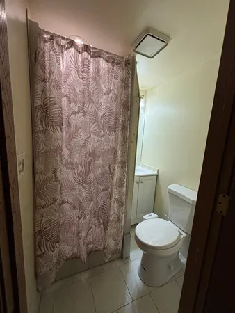 a white toilet sitting next to a shower curtain
