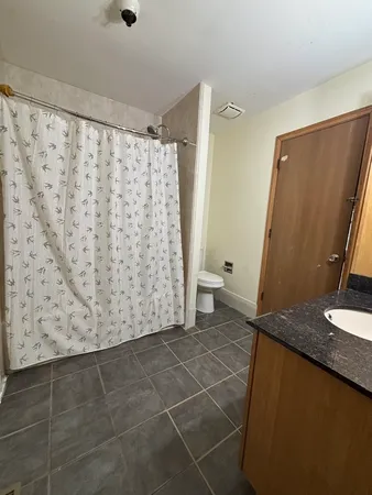 a bathroom with a granite countertop sink a toilet and a shower