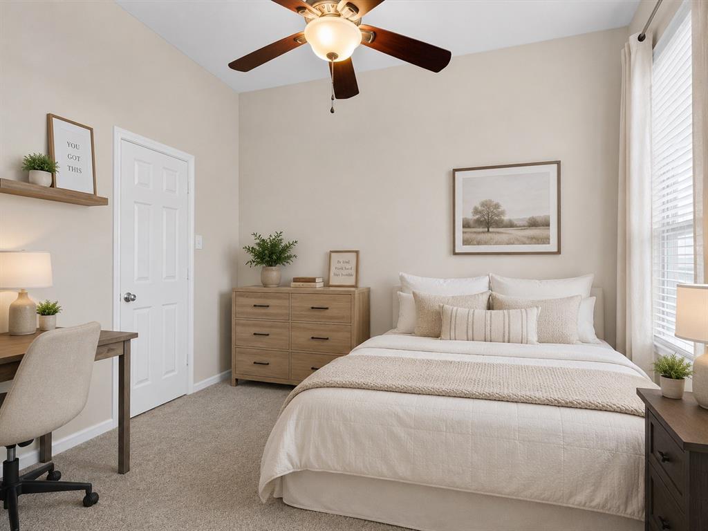 205 King George Road Ponder, TX 76259 - Photo 22 of 37 Neutral wall paint, ceiling fan, carpet flooring, window with blinds, and white paneled door
