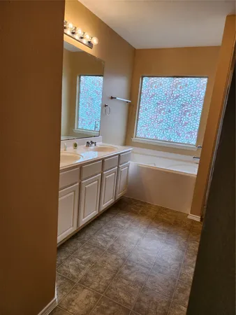 a bathroom with a sink a mirror and a bathtub
