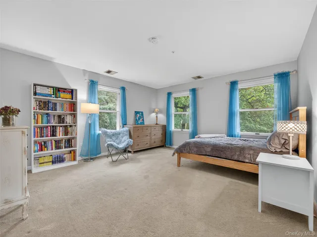 a bedroom with furniture and a book shelf
