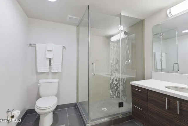 a bathroom with a shower sink vanity and toilet