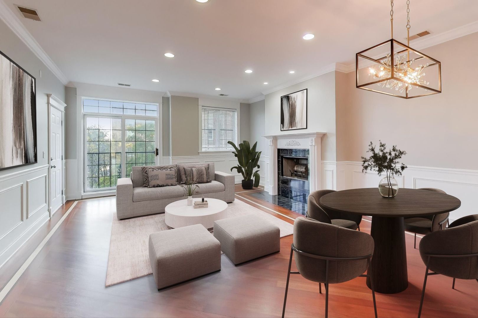 5058 North Kimball Avenue, Unit 4 Chicago, IL 60625 - Photo 4 of 26 a living room with furniture a fireplace and a chandelier
