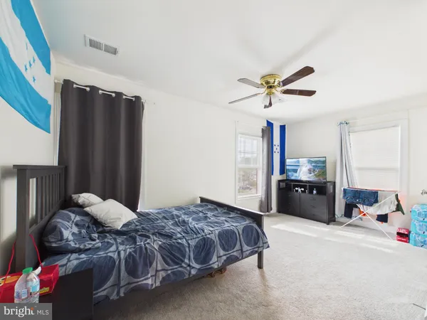 a bedroom with a bed and a ceiling fan