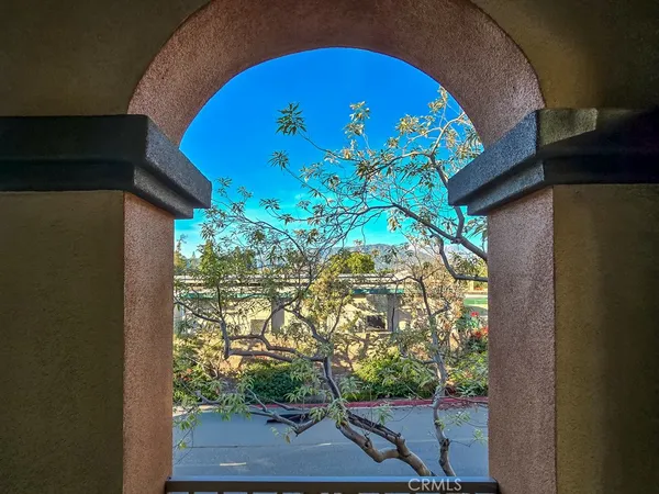 a front view of a building with a tree