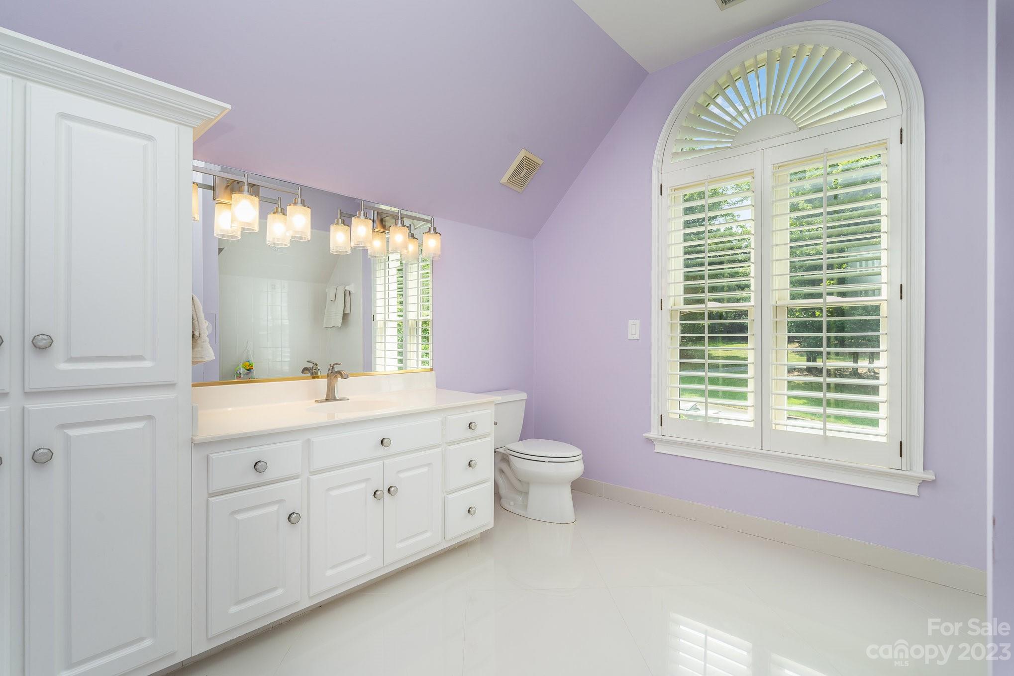 6535 Seton House Lane Charlotte, NC 28277 - Photo 27 of 48 a spacious bathroom with a granite countertop toilet a sink and a large mirror