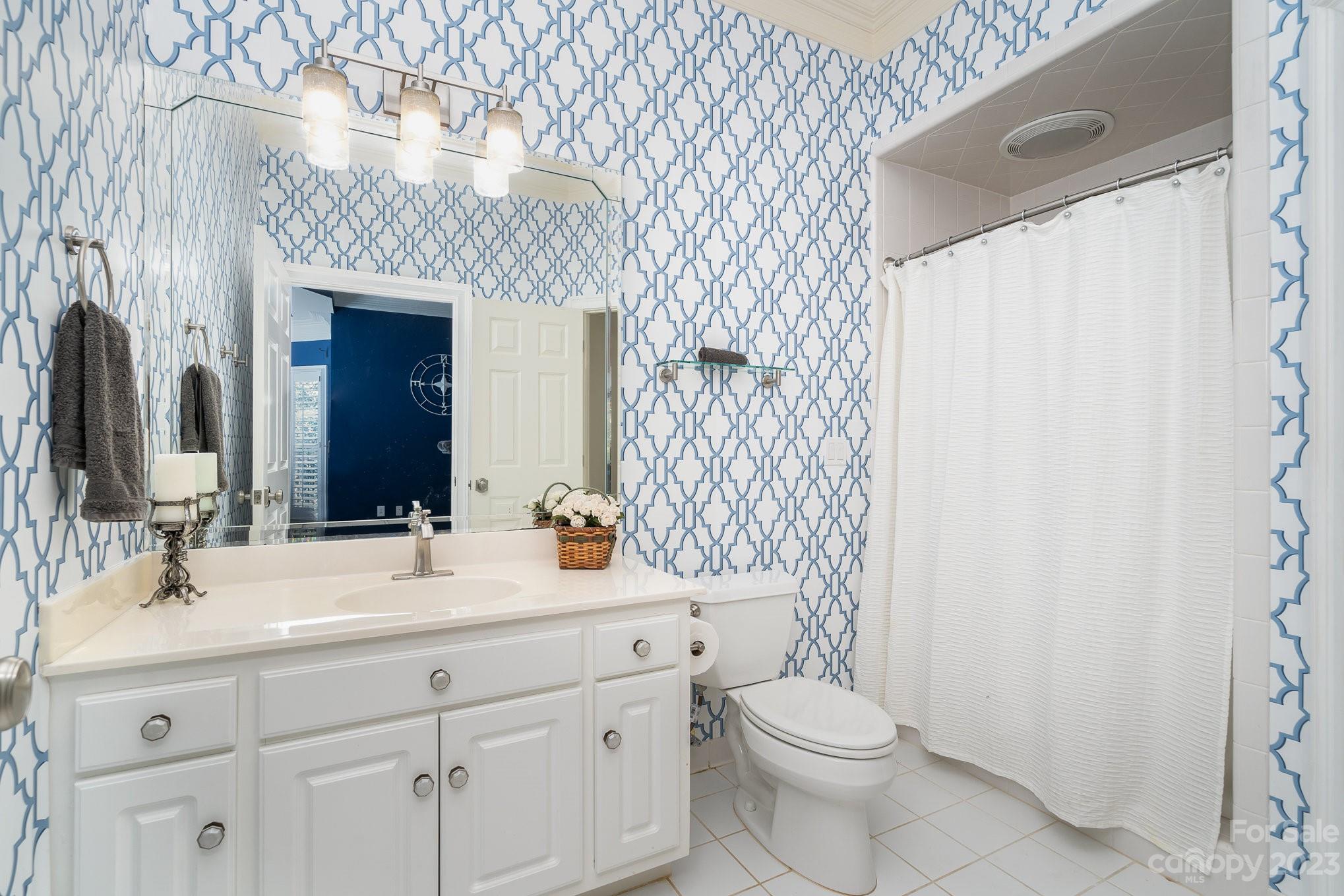 6535 Seton House Lane Charlotte, NC 28277 - Photo 37 of 48 a bathroom with a sink a toilet and shower curtain