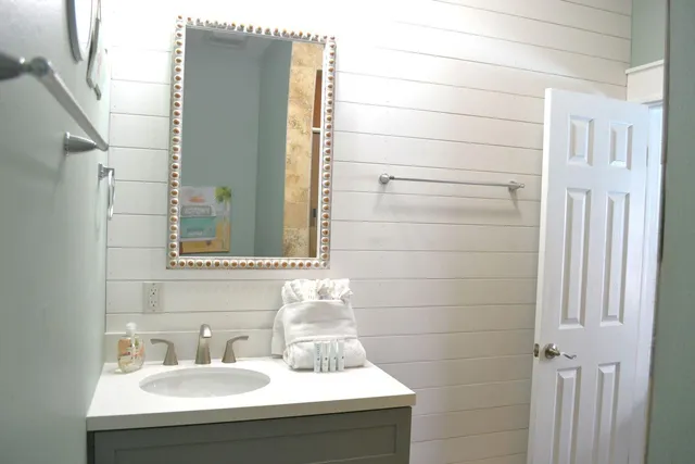a bathroom with a sink and a mirror