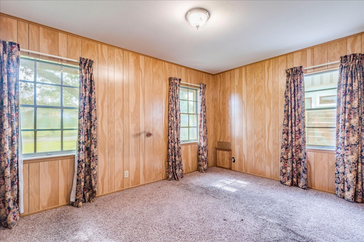 6626 Isabelle Drive Austin, TX 78752 - Photo 15 of 27 Wood-paneled room featuring multiple windows with floral curtains, textured carpeting, and a ceiling-mounted light fixture