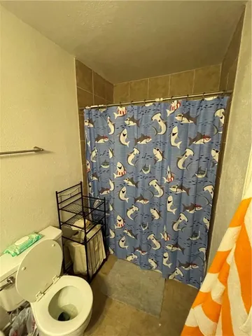 a bathroom with a toilet and shower curtain