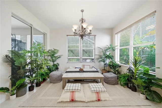 a living room with a potted plant and a table