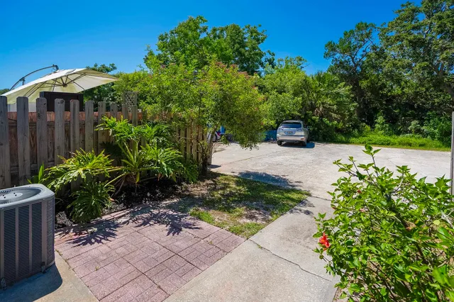 a garden view with a seating space