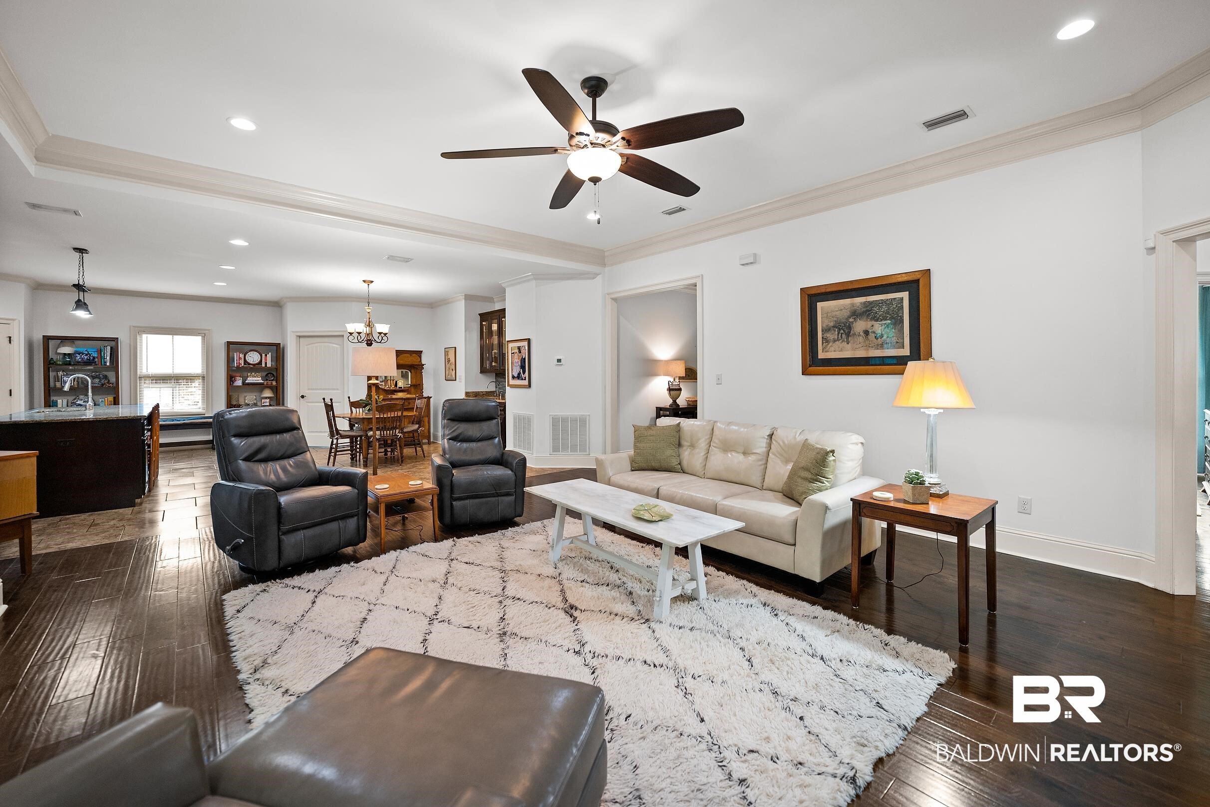 313 Pecan Ridge Boulevard Fairhope, AL 36532 - Photo 46 of 51 Spacious open-concept living area featuring dark wood-finish flooring, recessed lighting, and a ceiling fan