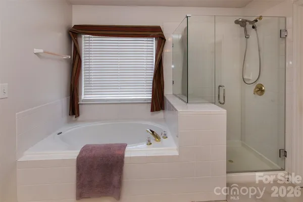 a bathroom with a bathtub and a shower