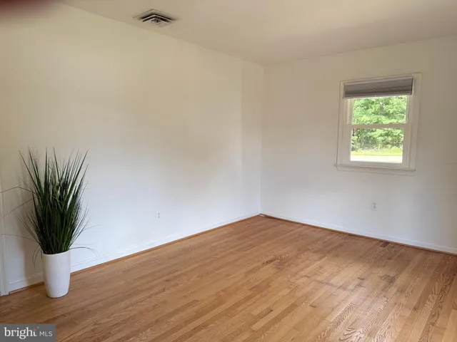 a view of a small space with wooden floor and a potted plant