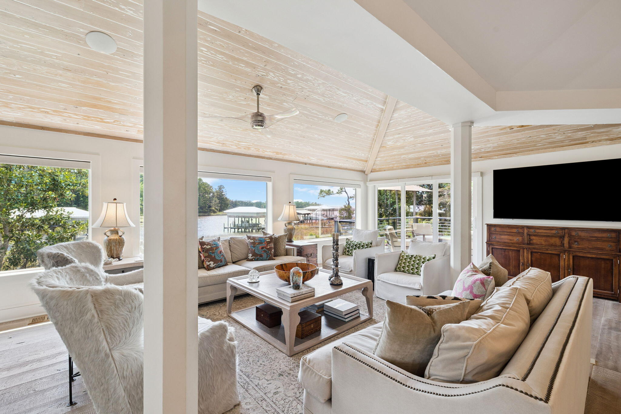 683 Eden Drive Santa Rosa Beach, FL 32459 - Photo 34 of 69 a living room with furniture a flat screen tv and a floor to ceiling window
