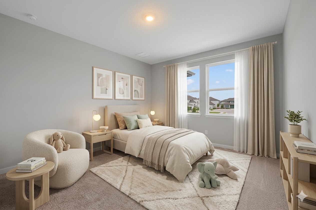 2308 Mondello Path Leander, TX 78641 - Photo 25 of 39 Natural light floods this inviting bedroom, highlighting the plush carpet and contemporary design.
