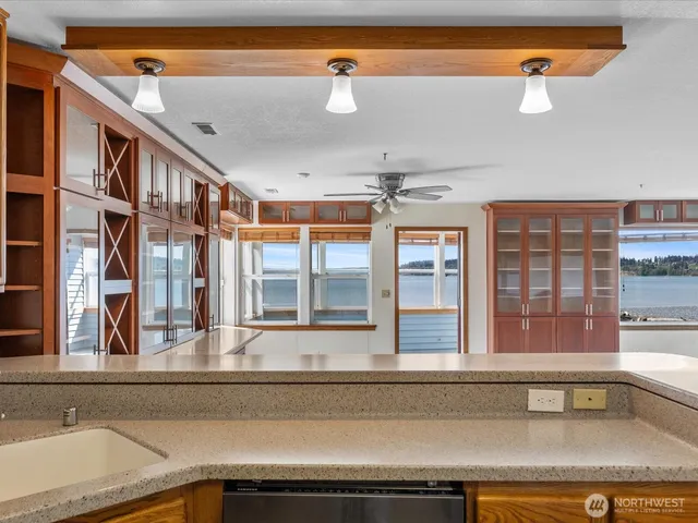 a view of a room with large window