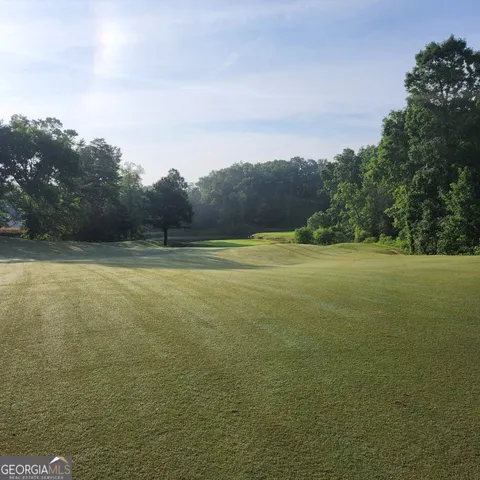 a view of a green field with trees in the background