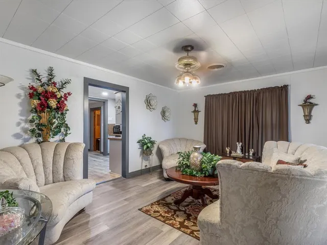a living room with furniture flowerpot and a chandelier