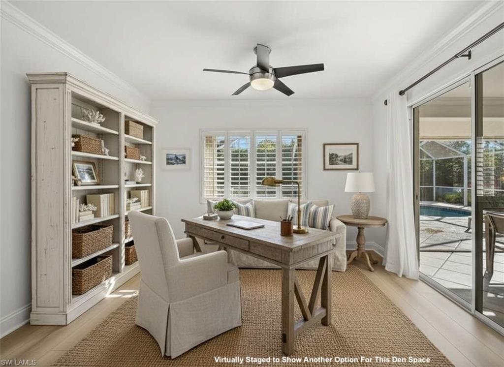 4 Colonial Drive Naples, FL 34112 - Photo 27 of 42 Office area featuring ornamental molding, ceiling fan, and light wood-style floors