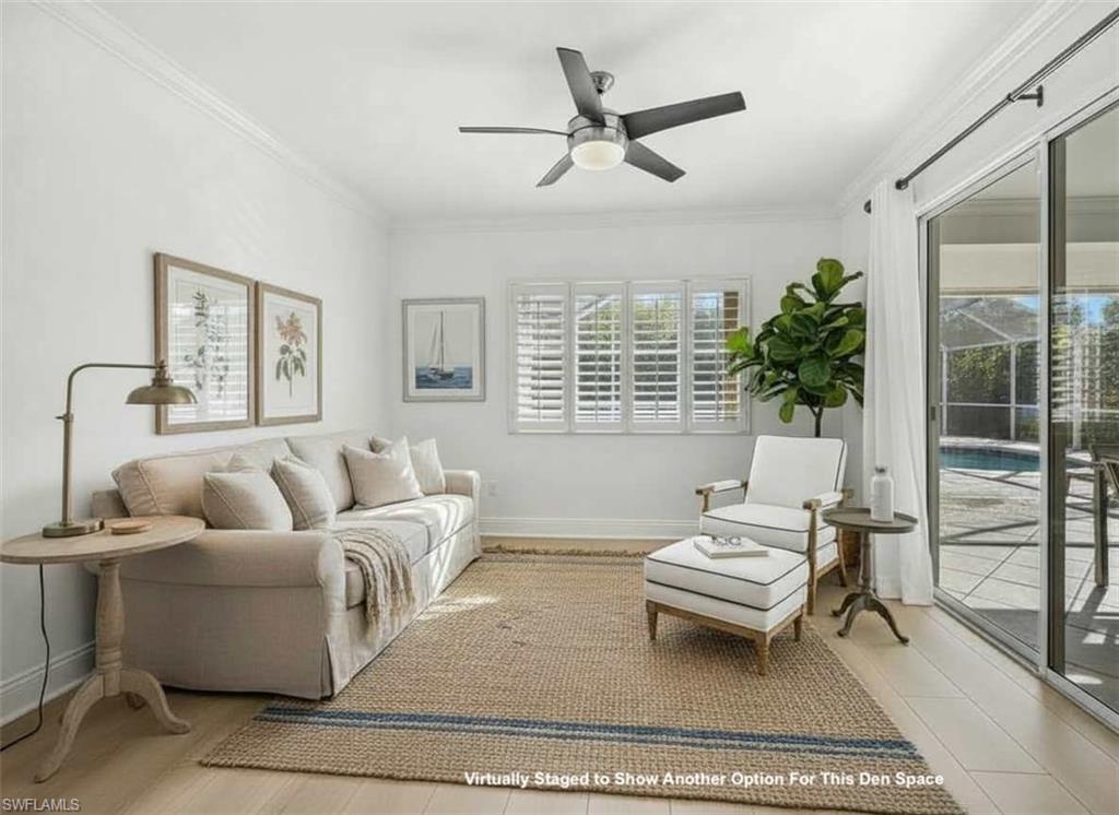 4 Colonial Drive Naples, FL 34112 - Photo 28 of 42 Living room with ornamental molding and ceiling fan