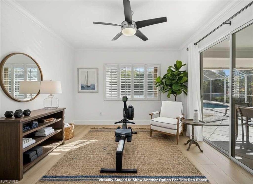4 Colonial Drive Naples, FL 34112 - Photo 29 of 42 Workout room with ceiling fan, crown molding, light wood finished floors, and a sunroom