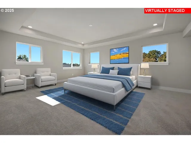 a bedroom with a bed and a painting on the wall