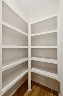a view of walk in closet with empty racks