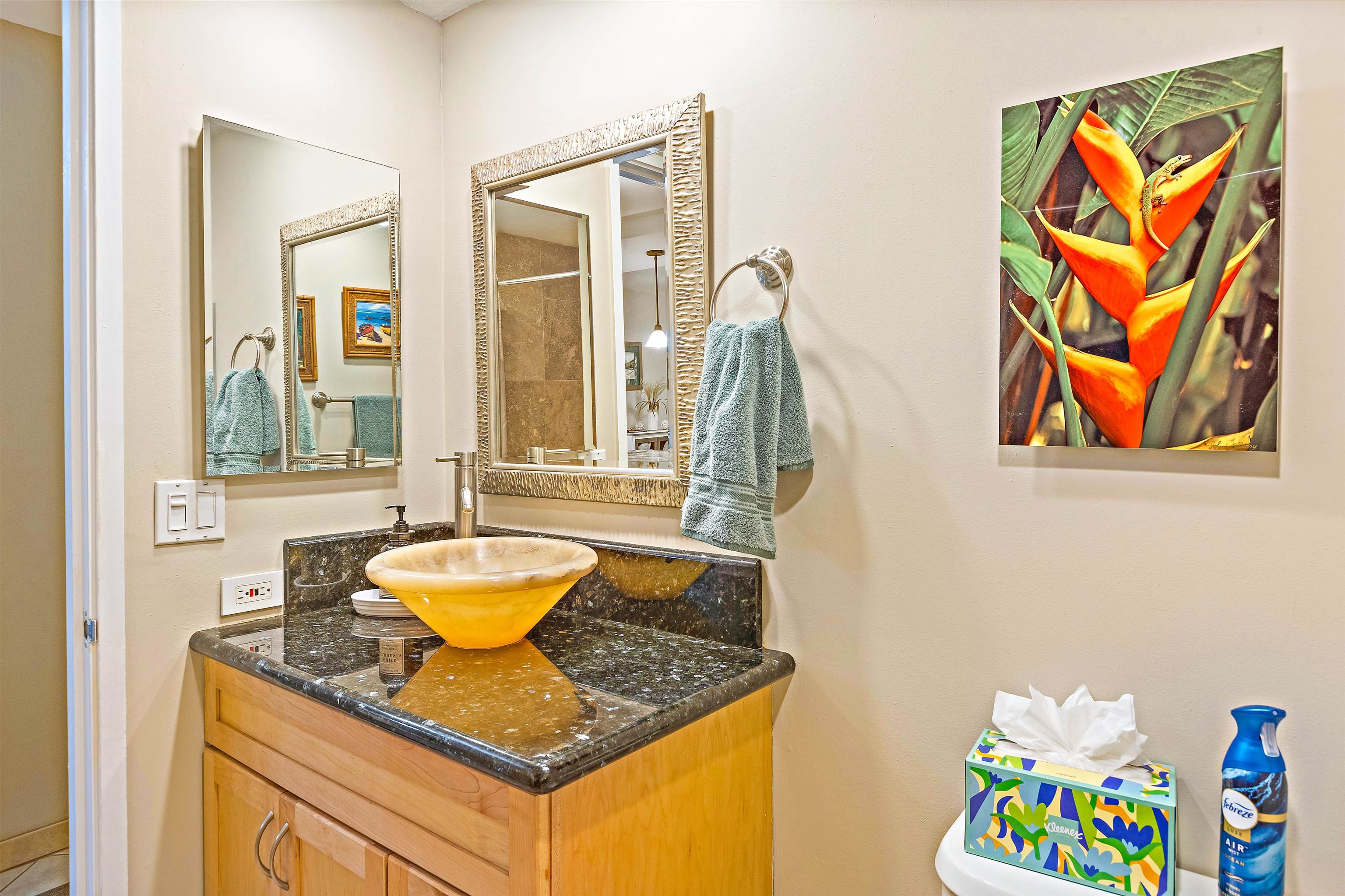 3788 Lower Honoapiilani Road, Unit A110 Lahaina, HI 96761 - Photo 16 of 35 a bathroom with a granite countertop sink and a mirror