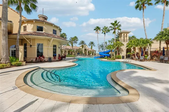 a view of a palm tree with a fountain