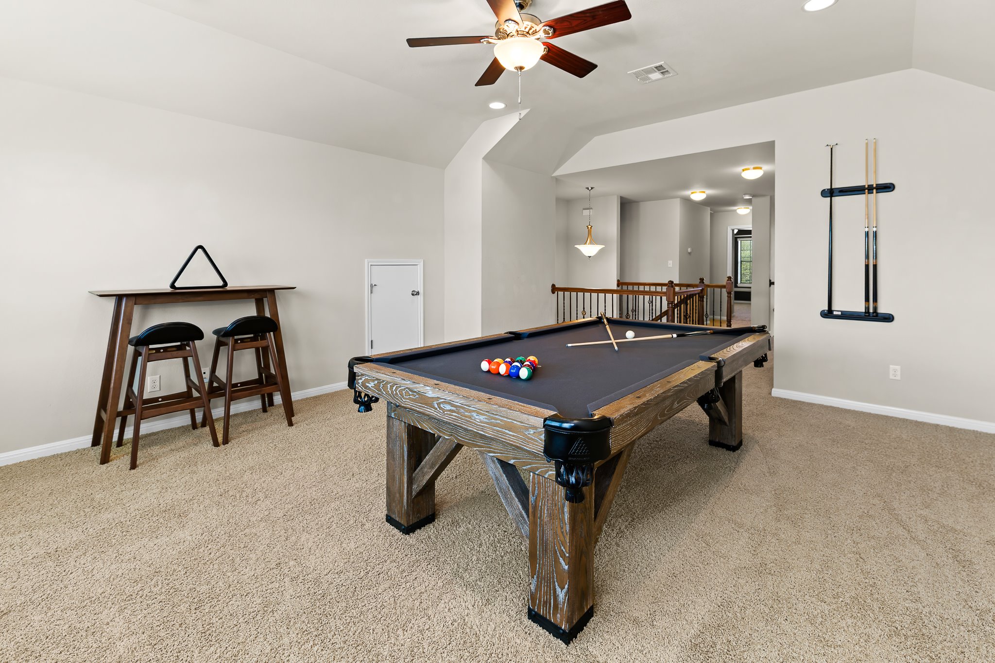 2813 Granite Hill Cove Leander, TX 78641 - Photo 26 of 39 Playroom with light colored carpet, vaulted ceiling, recessed lighting, and ceiling fan