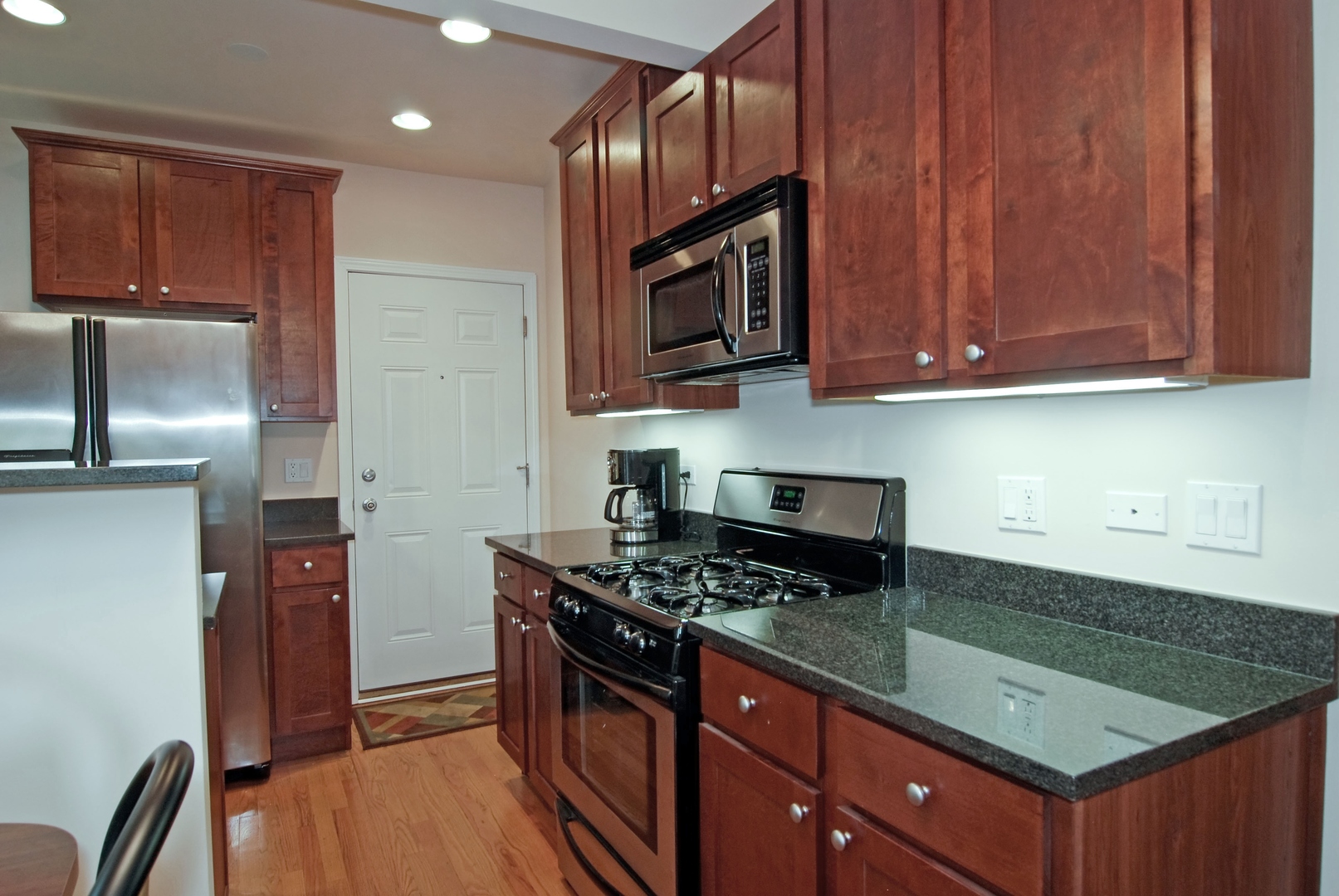 56 Forest Avenue, Unit 1N Riverside, IL 60546 - Photo 11 of 21 a kitchen with stainless steel appliances granite countertop a stove a sink and a microwave