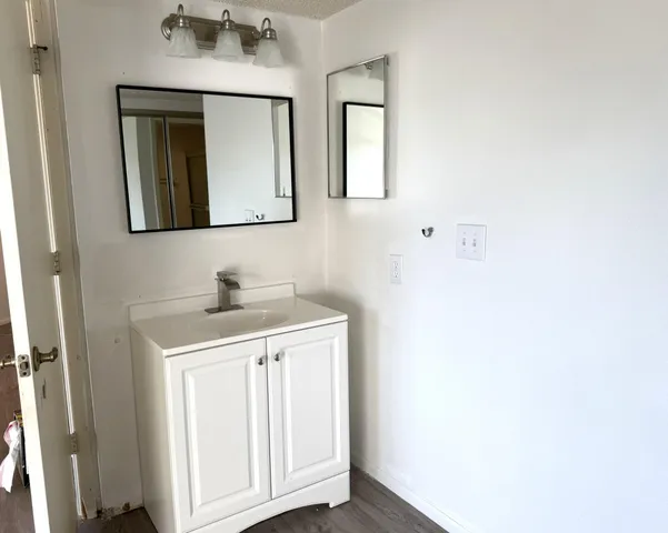 a bathroom with a sink and a mirror