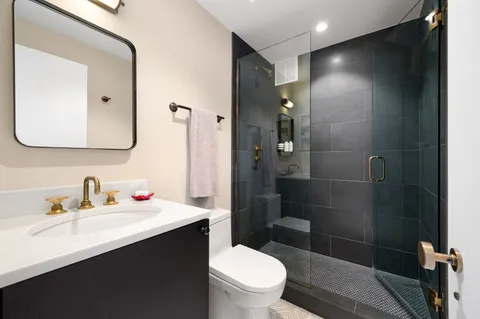 a bathroom with a toilet a sink a mirror a vanity and shower