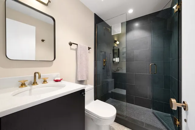 a bathroom with a toilet a sink a mirror a vanity and shower