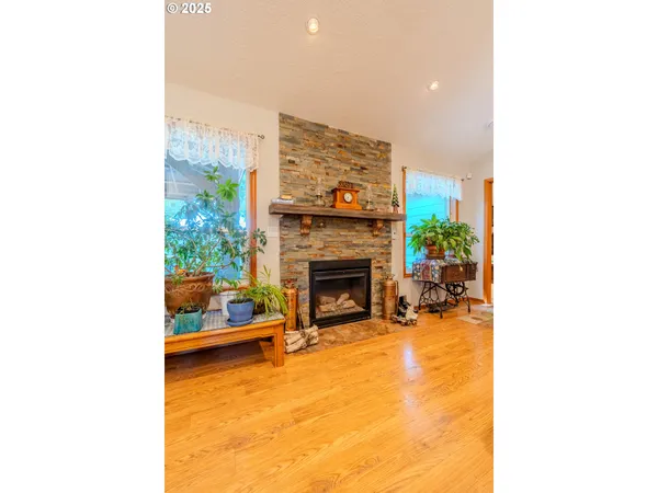 a view of a living room with furniture and a fireplace