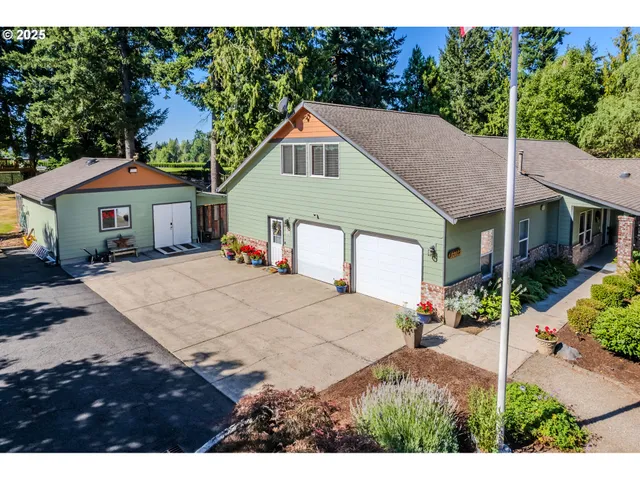 a aerial view of a house with a yard and potted plants