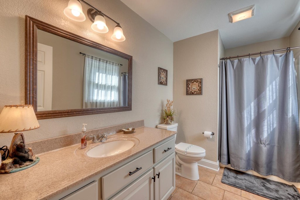 3204 Creekview Road Hiawassee, GA 30546 - Photo 22 of 45 a bathroom with a double vanity sink toilet mirror and shower